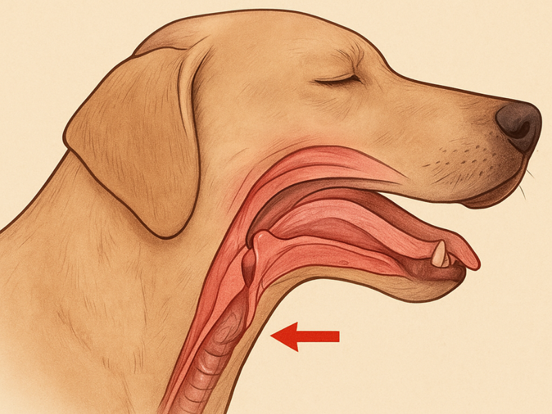 Illustration of a dog with laryngeal paralysis, highlighting the throat and larynx with a red arrow.