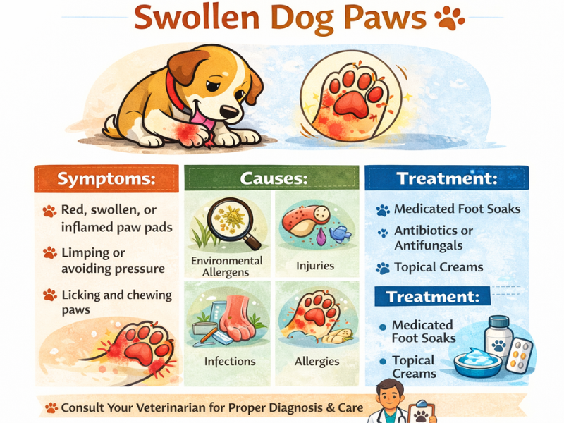 Infographic showing swollen dog paws with symptoms, causes like allergies or infections, and treatment options for inflamed paw pads