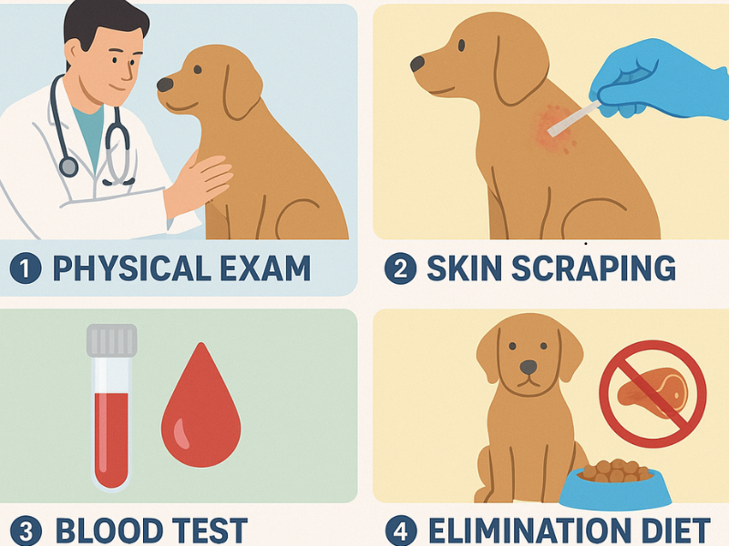 Infographic showing how veterinarians diagnose common dog allergies using physical exams, skin scraping, blood tests, and elimination diets.