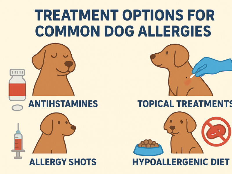 Infographic showing treatment options for common dog allergies including antihistamines, topical treatments, allergy shots, and hypoallergenic diets.