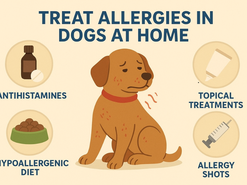Infographic showing how to treat dog allergies at home using antihistamines, topical treatments, allergy shots, and hypoallergenic diets.