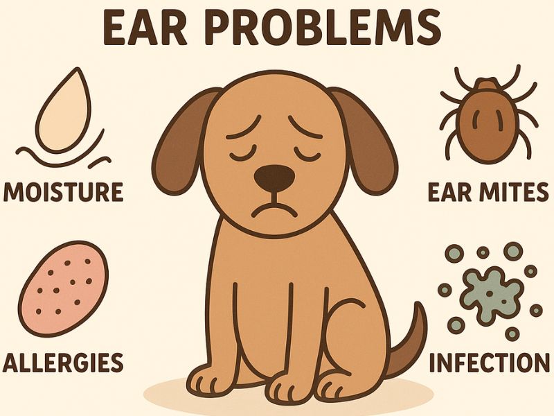 Illustration of a sad dog surrounded by icons showing common ear problems such as moisture, ear mites, allergies, and infection.