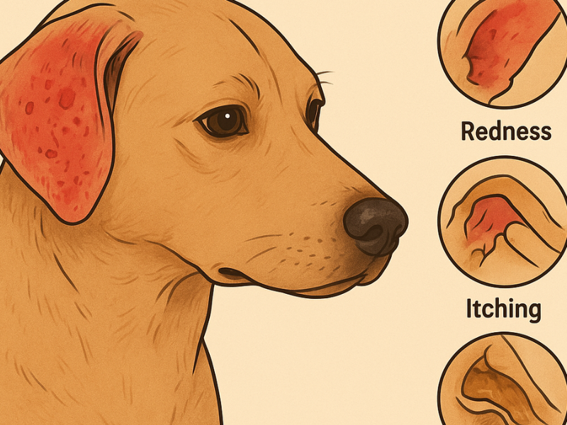 Illustration showing common dog ear allergy symptoms including redness, itching, and discharge.