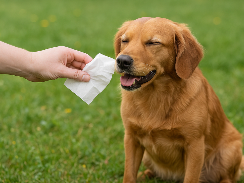 Golden retriever sitting in grass while a person wipes its nose with a tissue, showing signs of seasonal allergies.