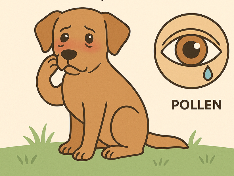 Infographic showing a dog rubbing its irritated, teary eyes, alongside a large illustrated eye with a droplet, representing itchy and watery eye issues triggered by pollen.