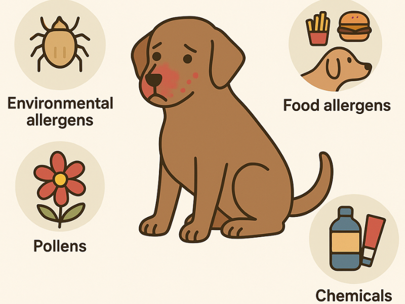 Illustration showing common causes of dog allergies including food, pollens, chemicals, and environmental allergens