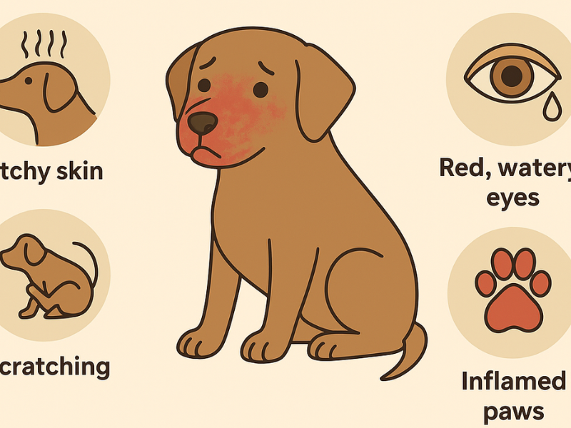 showing symptoms and early warning signs of canine allergic reactions including itchy skin, scratching, red watery eyes, and inflamed paws