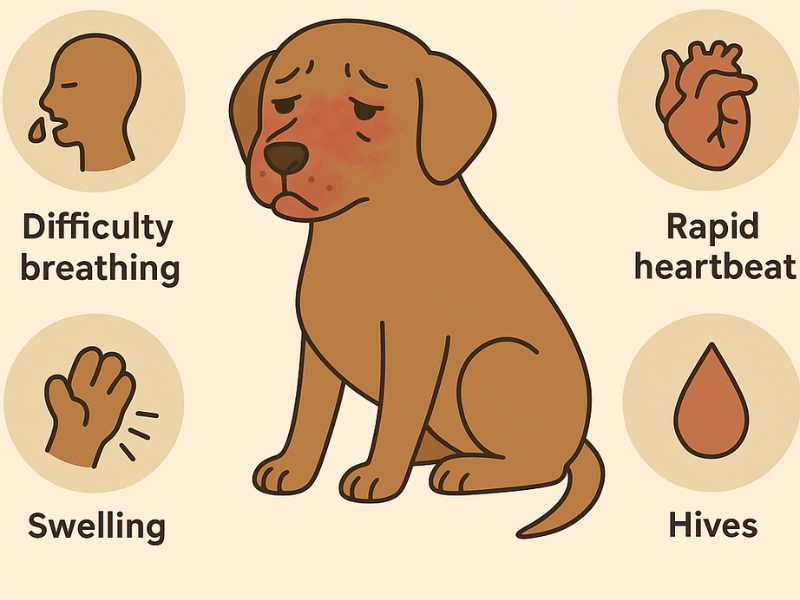 Infographic showing severe allergic reactions in dogs including difficulty breathing, rapid heartbeat, swelling, and hives