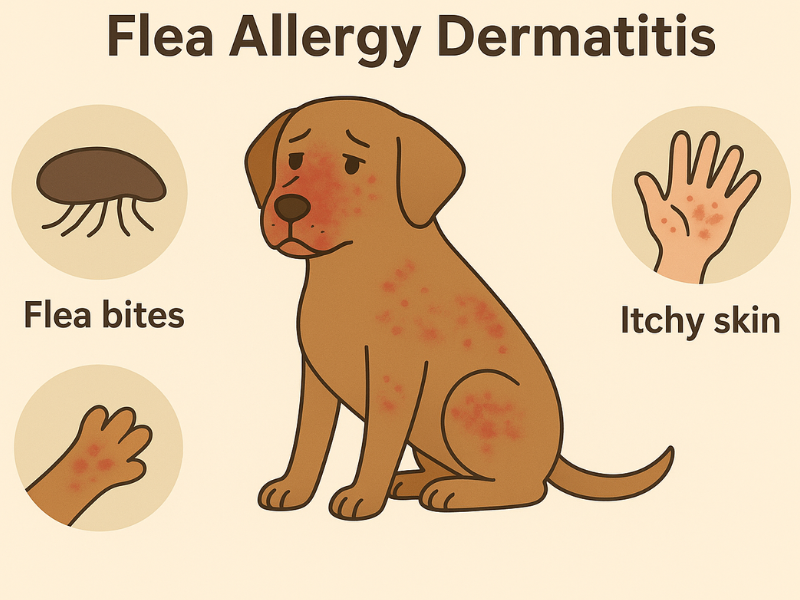 Illustration showing a dog with flea allergy dermatitis, featuring flea bites, itchy skin, and red patches on the body