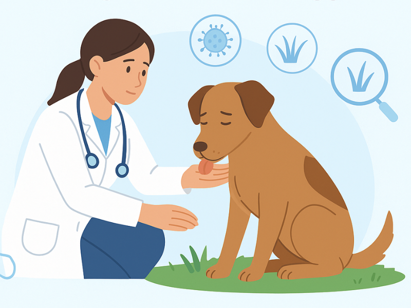 Vet examining a brown dog for possible grass allergy symptoms.