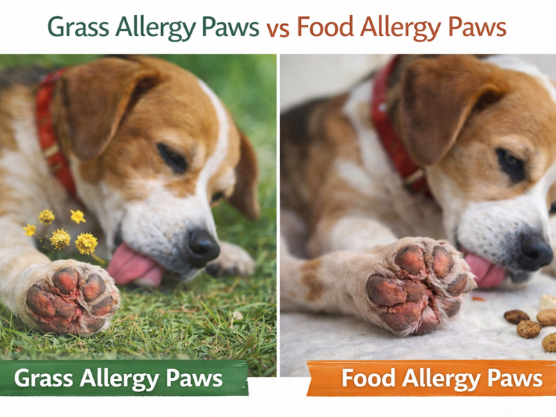 Side-by-side photo comparing grass allergy paws and food allergy paws in dogs showing redness, irritation, and paw licking