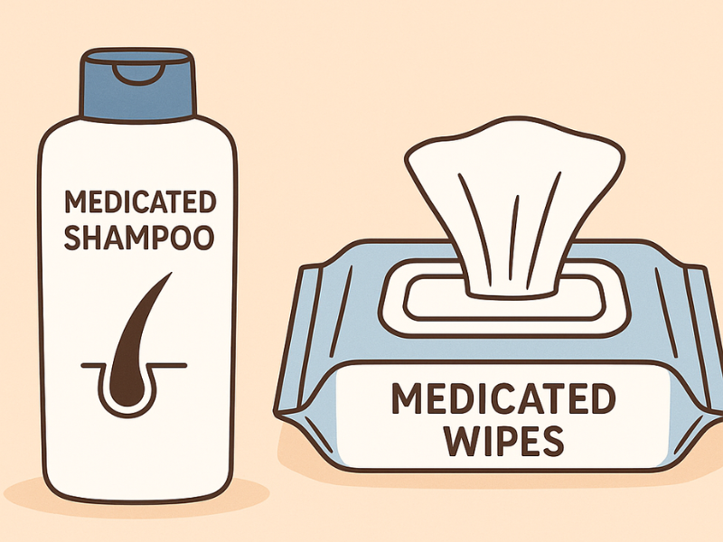 Illustration showing therapeutic shampoo and healing wipes used as surface-level treatments for canine skin irritation.