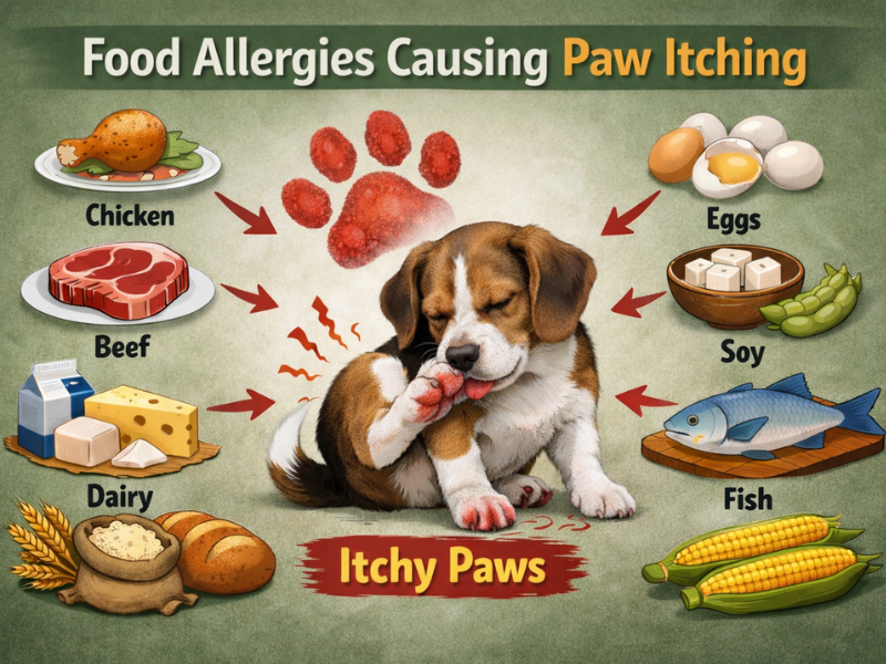 Dog licking itchy red paws caused by food allergies, showing common allergenic foods like chicken, beef, dairy, eggs, soy, fish, and grains causing paw irritation in dogs