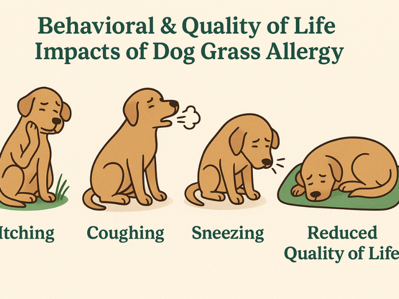 Illustration showing various behavioral and wellness effects of canine grass sensitivity, including scratching, coughing, sneezing, and lowered overall comfort.