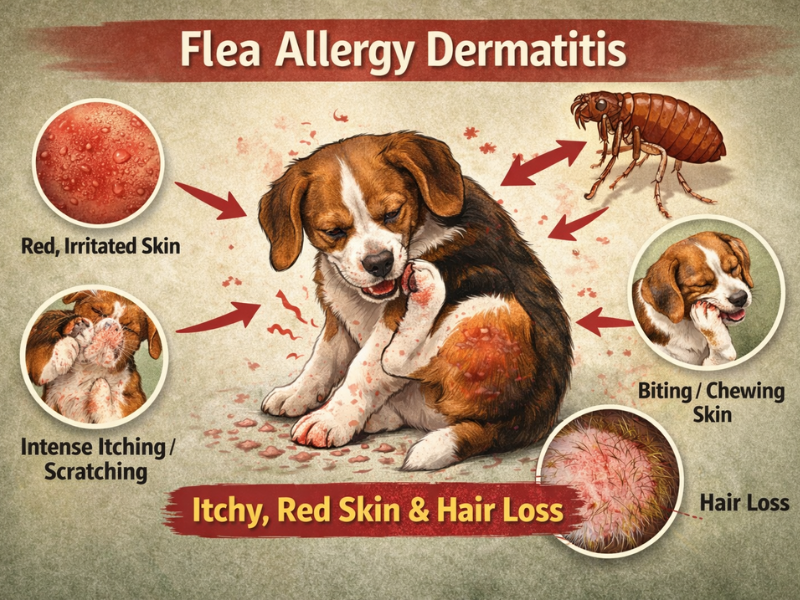 Dog suffering from flea allergy dermatitis with intense itching, red inflamed skin, hair loss, and flea bite irritation, showing common signs of flea allergic reaction in dogs
