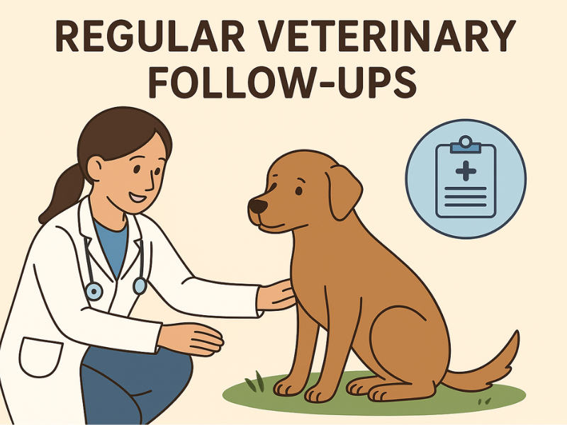 Illustration showing a veterinarian performing a routine check-up on a dog, highlighting the importance of consistent medical follow-up visits.