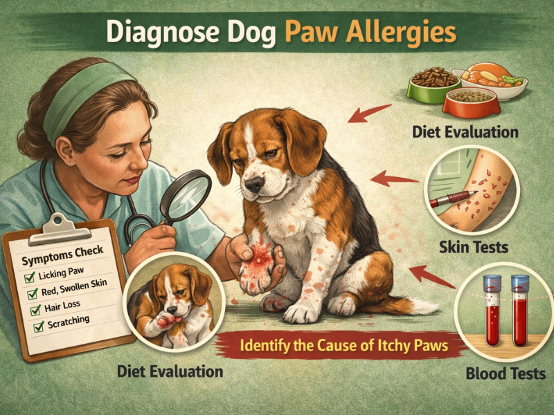 Veterinarian examining a dog’s red, itchy paw to diagnose paw allergies using symptoms check, diet evaluation, skin testing, and blood tests