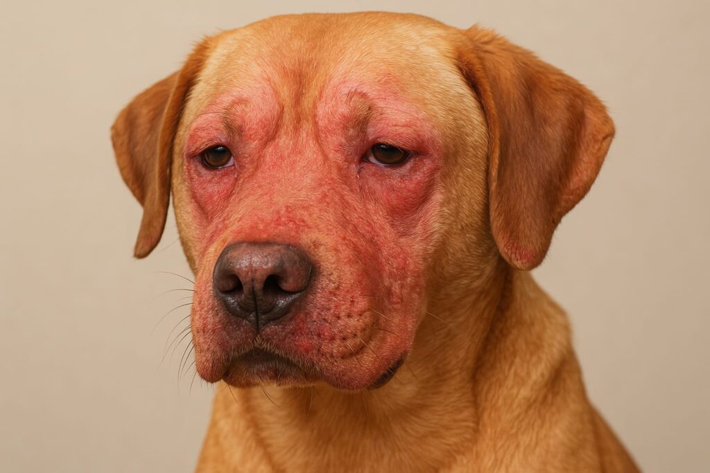Dog with facial redness and swelling caused by allergic reaction