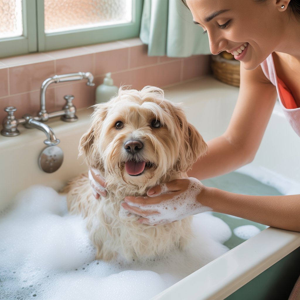 Woman giving a dog an oatmeal bath to soothe dog skin allergy symptoms