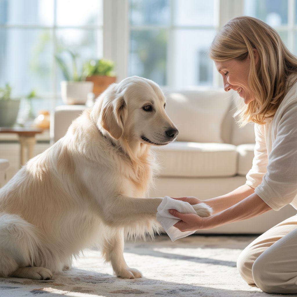 Golden retriever in luxury mansion setting, receiving care to prevent dog skin allergies, with indoor plants and bright sunlight.