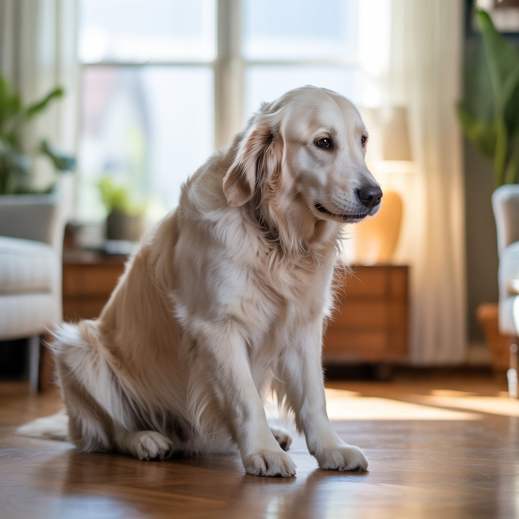 Golden Retriever showing signs of dog skin allergy while sitting indoors on a wooden floor