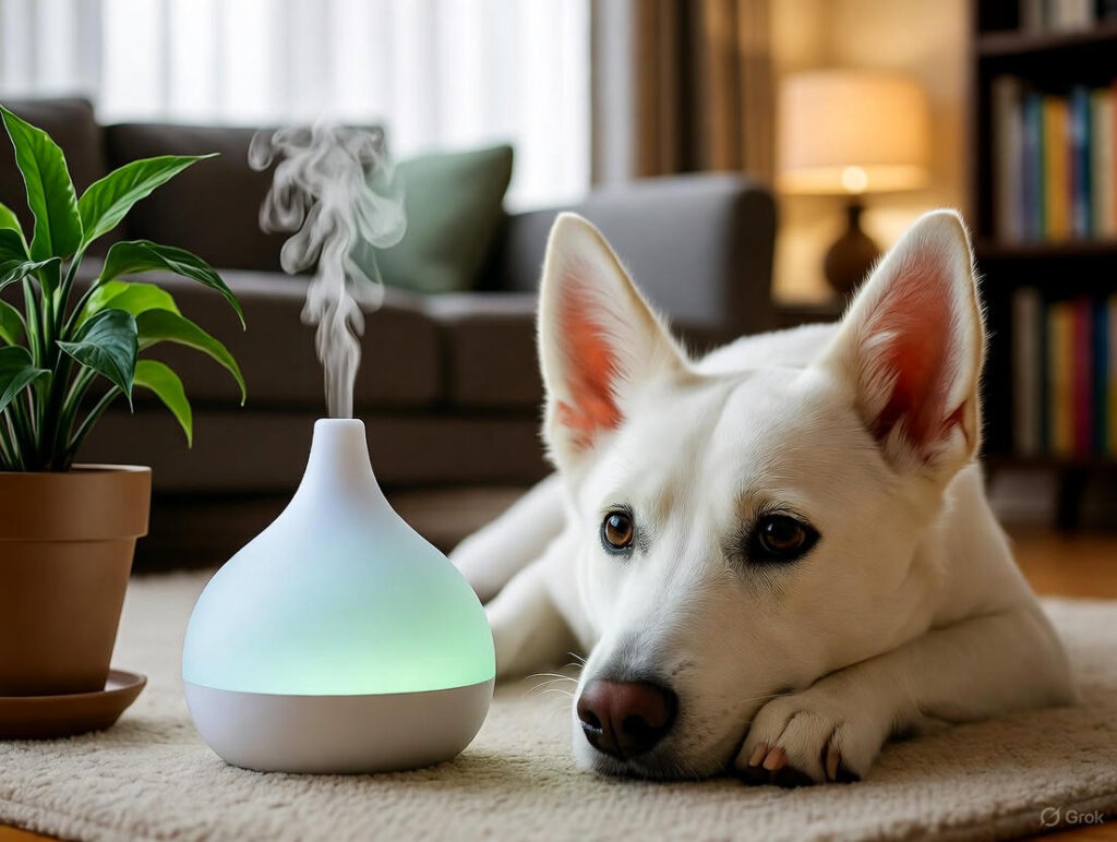 White dog resting beside a humidifier at home, illustrating home treatments for dog allergies and natural relief.