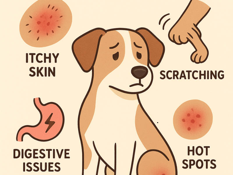 chicken allergy in dogs including itchy skin, scratching, digestive issues, and hot spots
