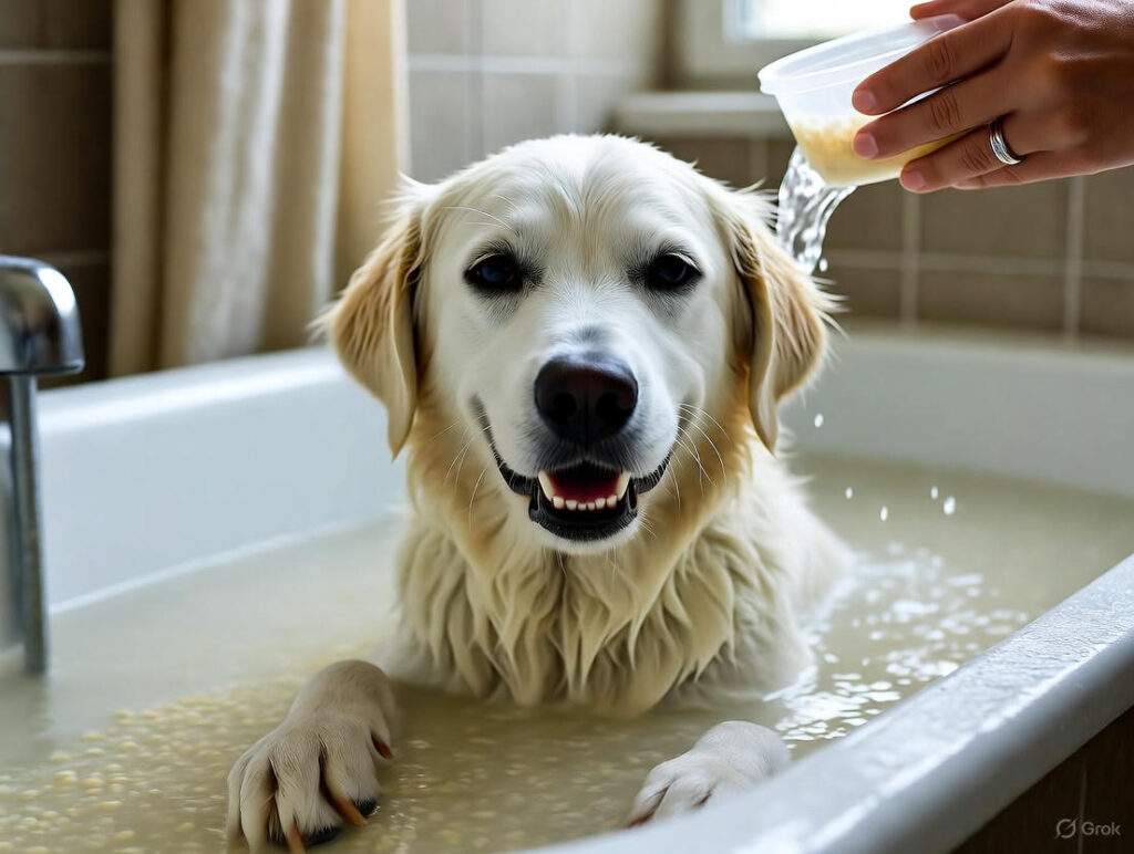 Dog enjoying an oatmeal bath for soothing itchy skin and relieving allergies naturally