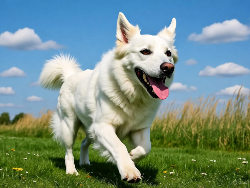 White dog running on green grass under a clear blue sky, demonstrating healthy outdoor environmental conditions and natural habitat control.