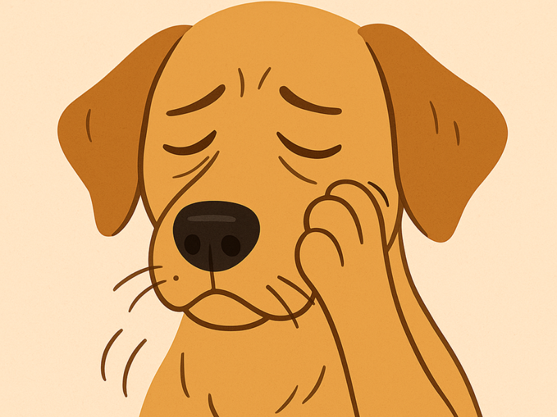 golden-brown dog scratching its face with its paw, showing signs of itching or irritation.