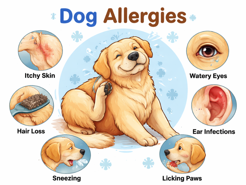 Dog allergies illustration showing a dog scratching due to itchy skin, watery eyes, ear infections, sneezing, hair loss, and paw licking symptoms