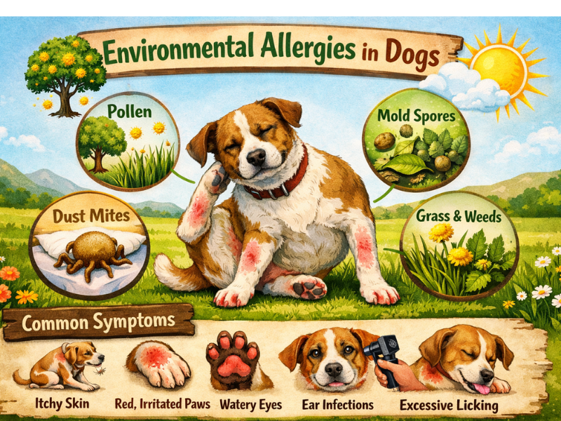 Environmental allergies in dogs caused by pollen, grass, dust mites, and mold showing itching and paw licking symptoms