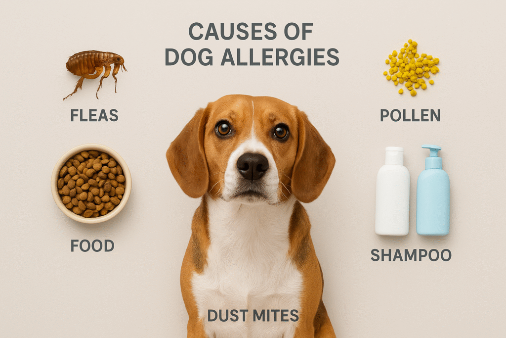  Causes of dog skin allergies like fleas, pollen, and food