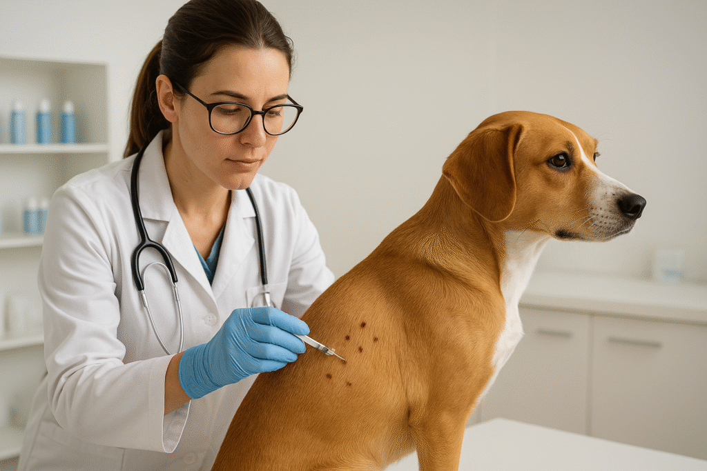 Veterinarian performing skin allergy test on dog