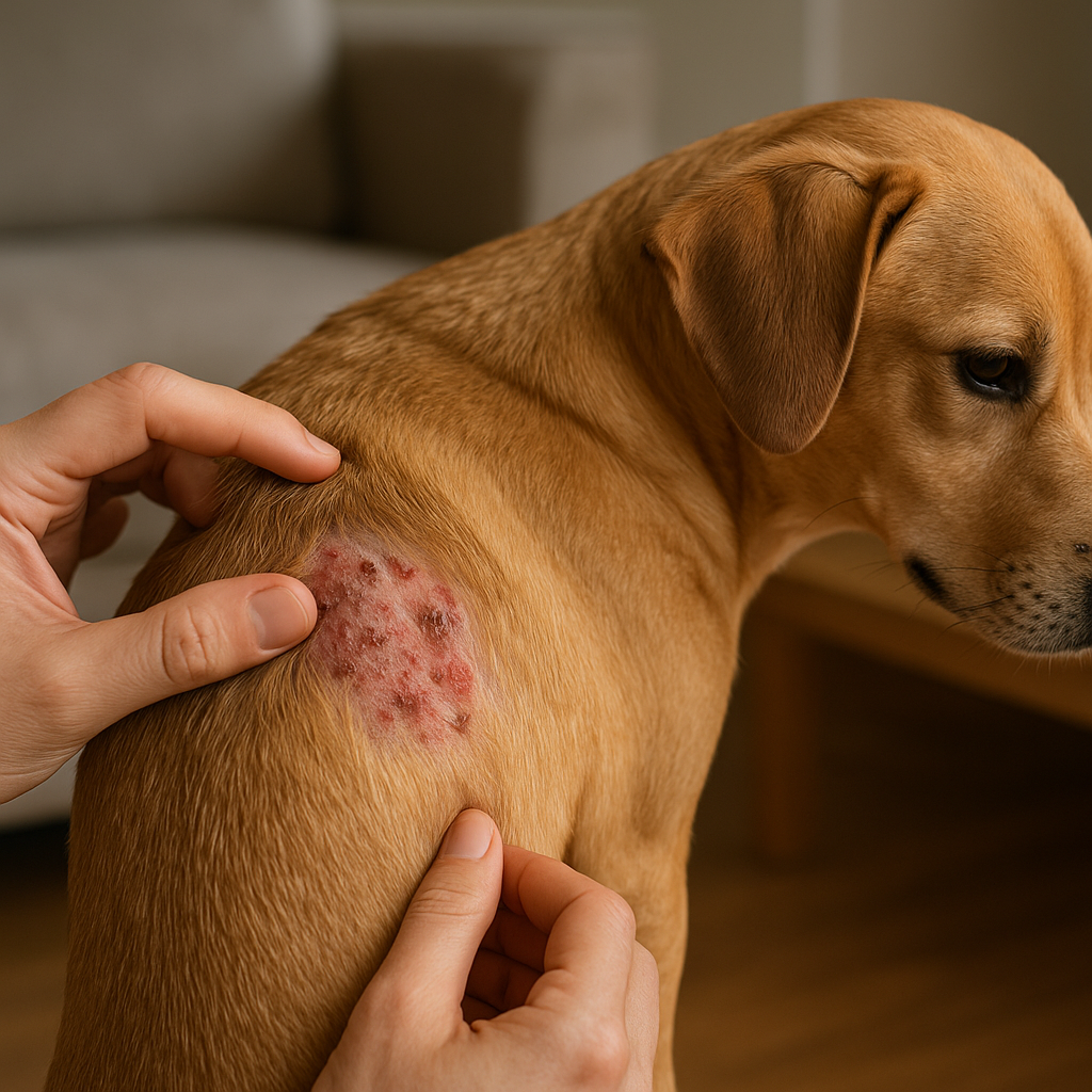 Dog with scabs near tail from flea allergy dermatitis