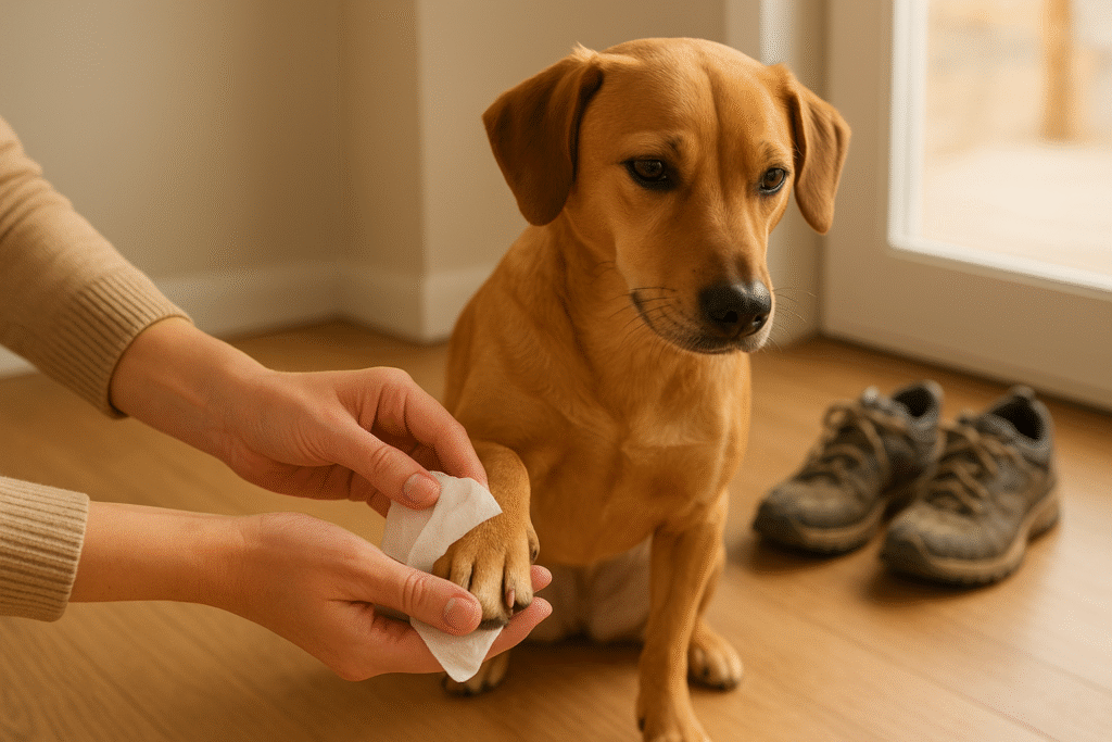 Owner wiping dog paws to remove pollen and allergens