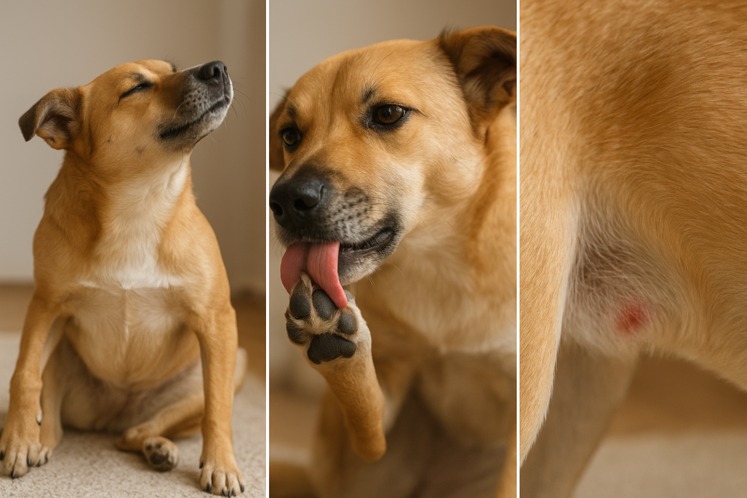 Dog scratching, licking paws, and showing a hot spot — common allergy symptoms