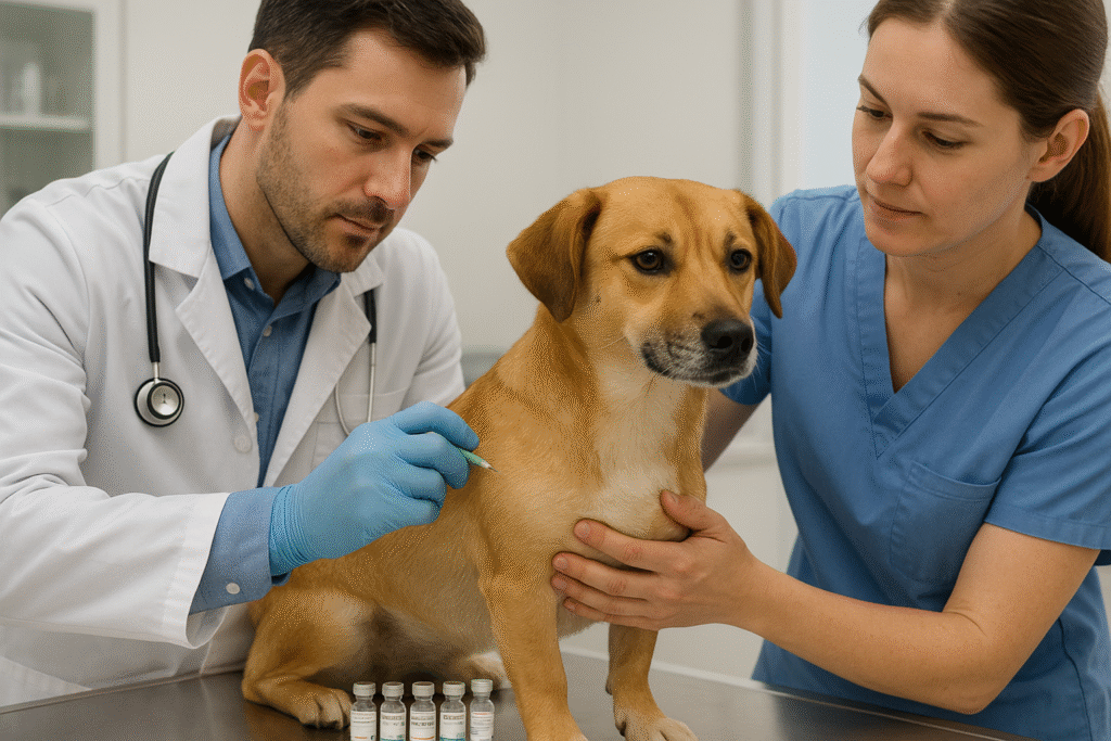 Veterinarian performing intradermal skin allergy test on a dog