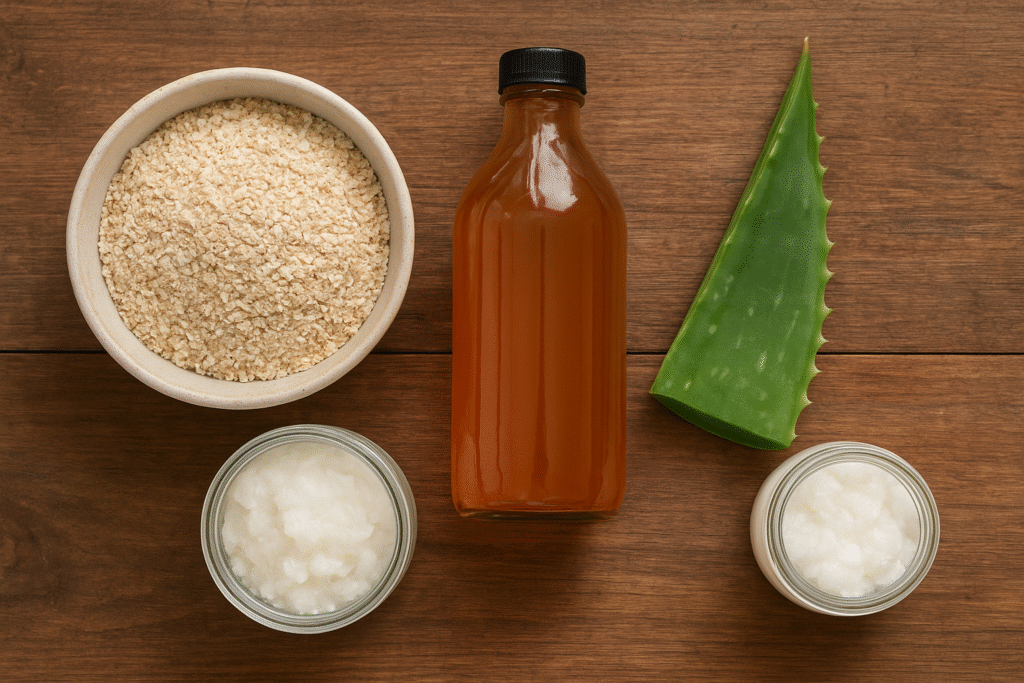 Oatmeal, apple cider vinegar, aloe vera, and coconut oil — natural remedies for dogs