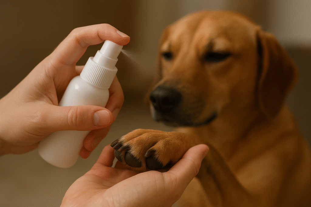  Applying diluted apple cider vinegar spray to a dog's paw for allergy relief