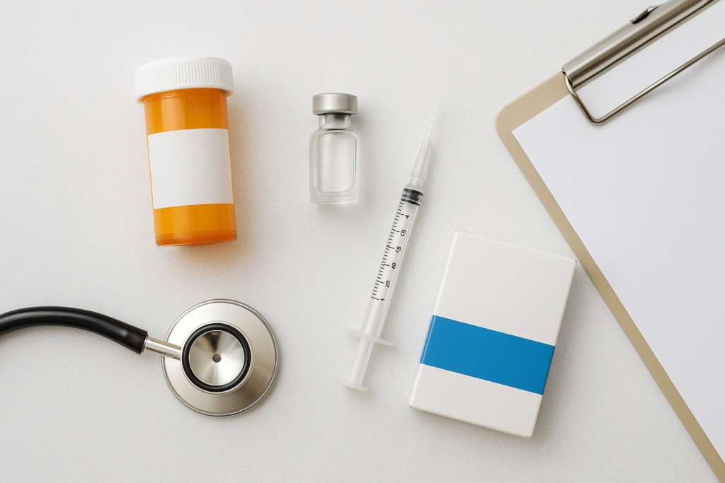 Prescription medications and injection vial used in dog skin allergy treatment