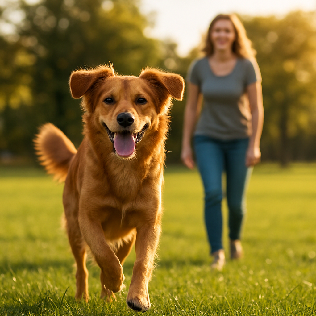 Healthy dog running in park after successful skin allergy treatment