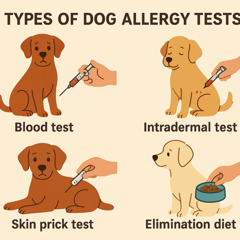 Illustration showing four types of dog allergy tests — blood test, intradermal test, skin prick test, and elimination diet — each with a cartoon dog undergoing the respective procedure.