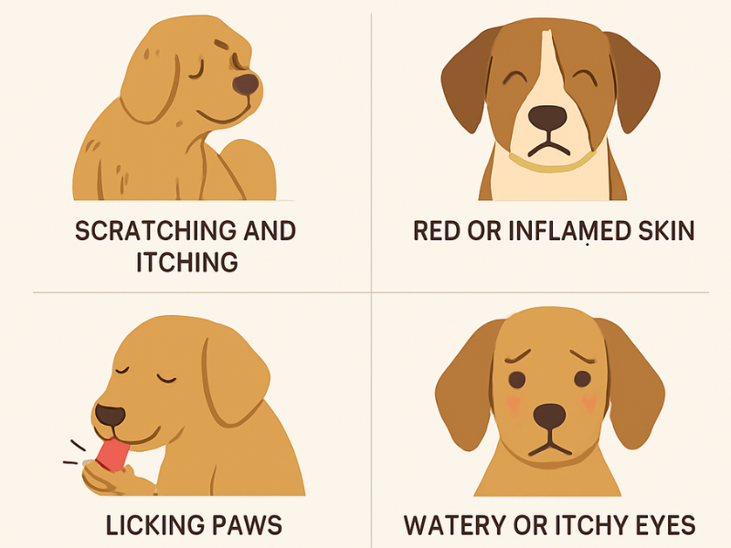 Signs your dog has allergies illustrated with icons showing scratching, red skin, licking paws, and watery eyes.