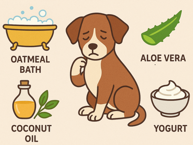 Infographic showing best home remedies for dog allergies and itchy skin, featuring a dog with oatmeal bath, aloe vera, coconut oil, and yogurt.