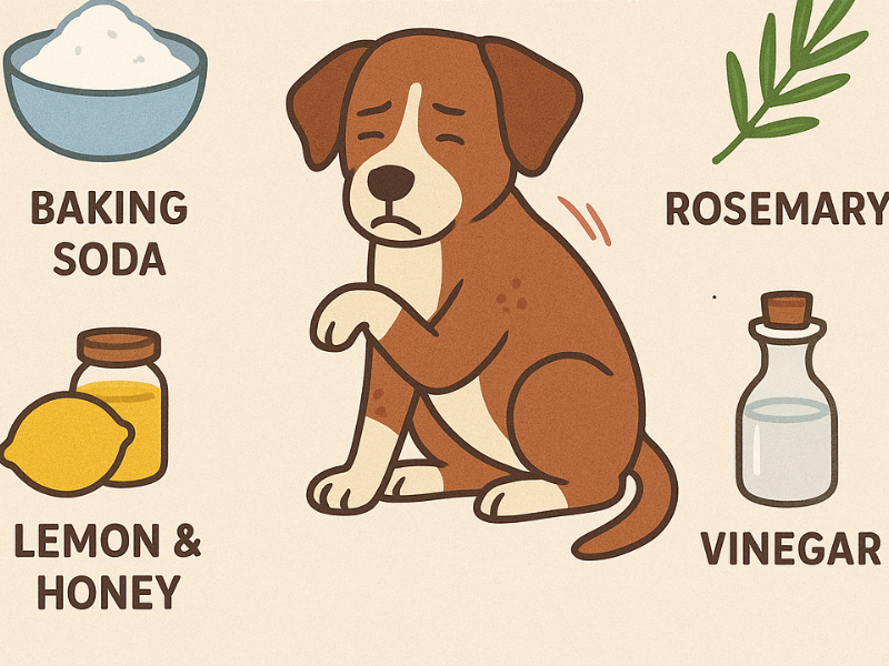 Illustration showing natural home remedies for dogs with flea allergy dermatitis, featuring a brown dog and ingredients like baking soda, lemon and honey, rosemary, and vinegar.