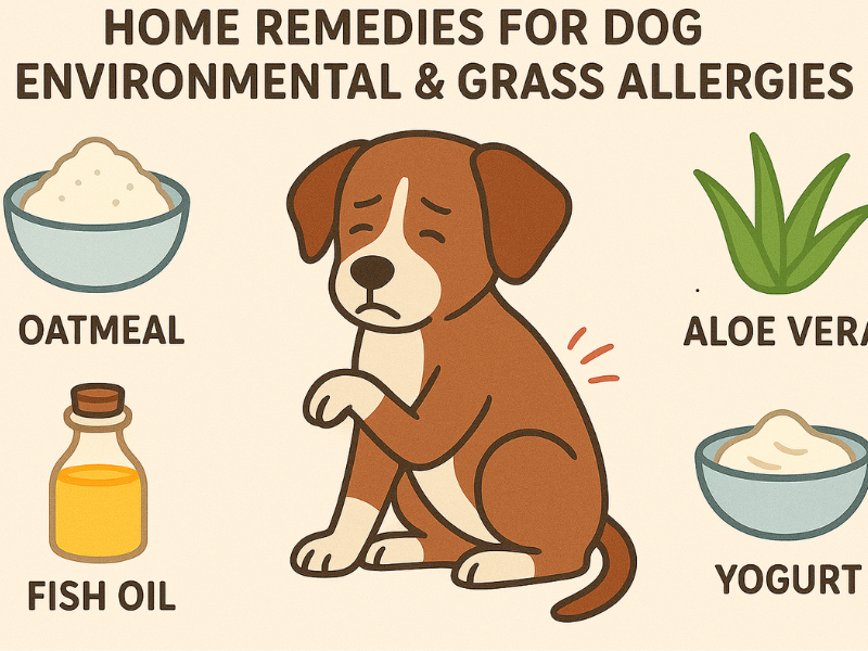 Infographic showing home remedies for dog environmental and grass allergies, including a brown dog with oatmeal, fish oil, aloe vera, and yogurt illustrations.
