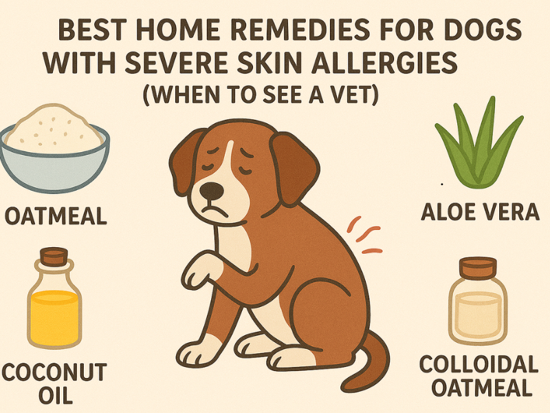 Infographic showing home remedies for dogs with severe skin allergies, featuring a brown dog with oatmeal, aloe vera, coconut oil, and colloidal oatmeal illustrations.
