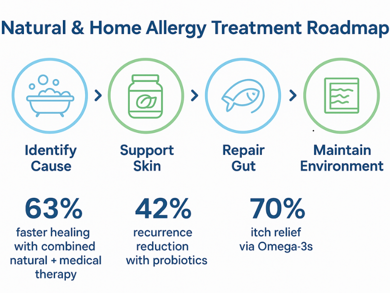 Infographic showing a natural and home allergy treatment roadmap for dogs, moving through four steps: identify cause, support skin with natural remedies, repair gut with probiotics and Omega-3s, and maintain environment with clean air and home care. Includes data: 63% faster healing with combined therapy, 42% recurrence reduction with probiotics, 70% itch relief with Omega-3s.