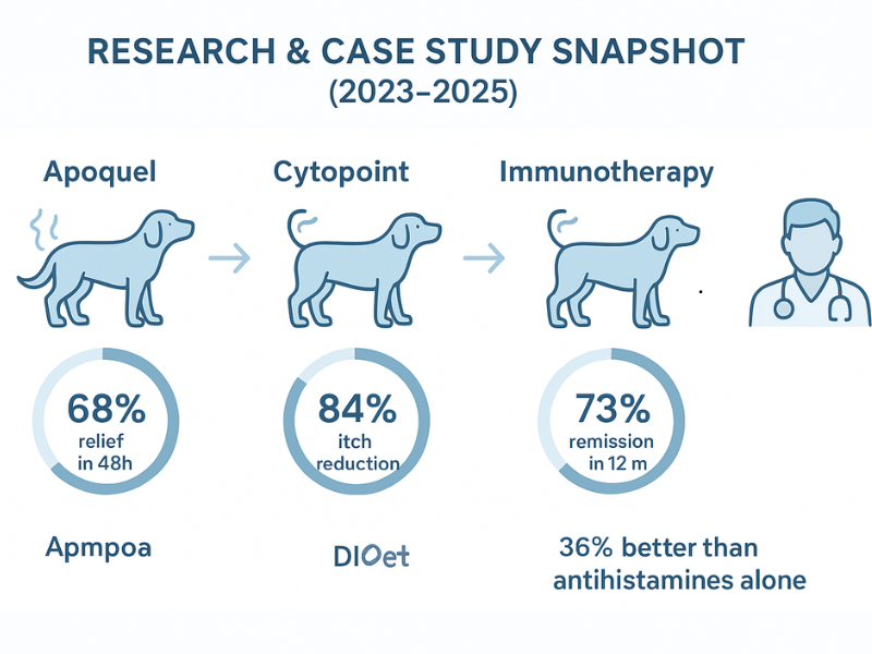 Infographic comparing effectiveness of dog allergy treatments — Cytopoint, Apoquel, Immunotherapy, and Omega-3 diet — using progress bars, dog icons, and clinical blue-white visuals.